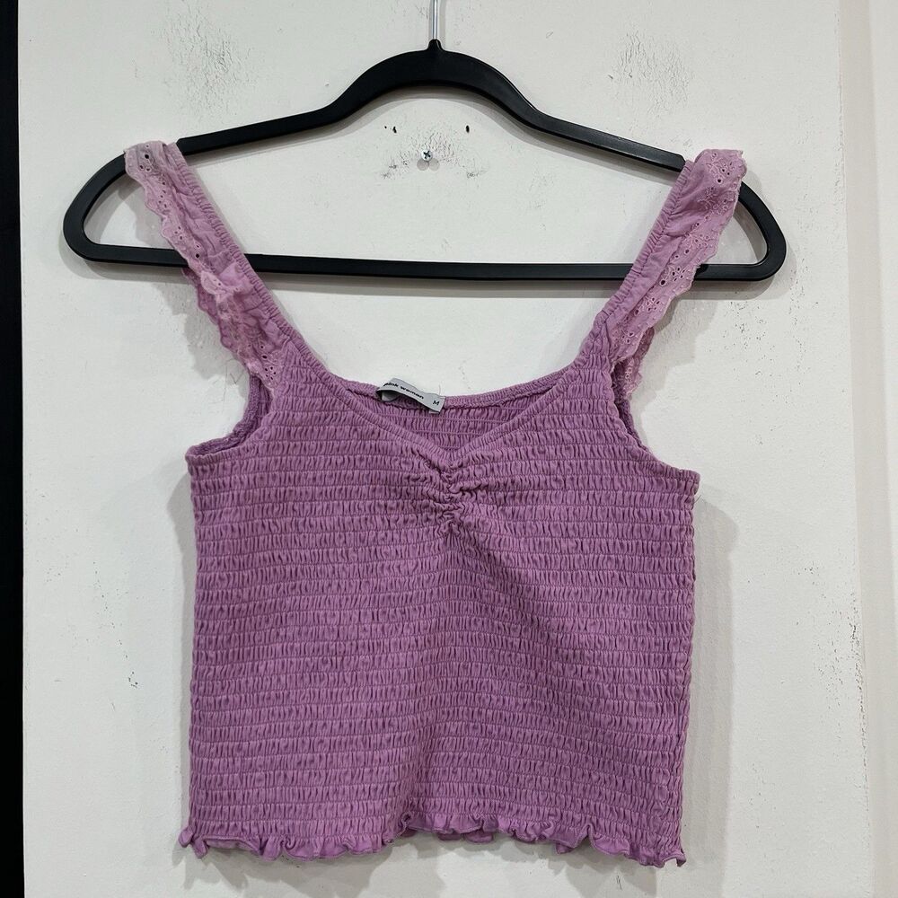 Purple Smocked Crop Top Ruffle Lace Straps Size Medium